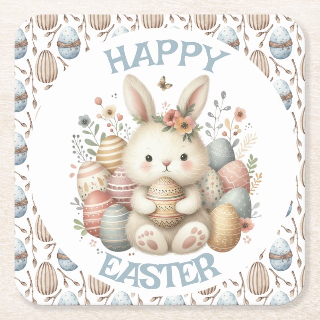 Cute watercolor Bunny Easter  Square Paper Coaster (Front)