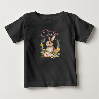 Cute Watercolor Bunny Floral Wreath Easter Baby T-Shirt