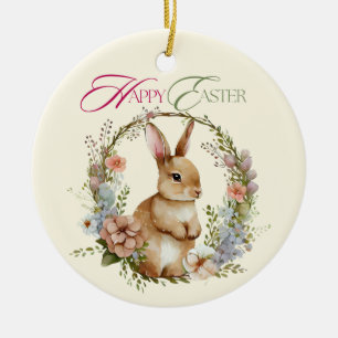 Cute Watercolor Bunny Floral Wreath Easter Ceramic Tree Decoration