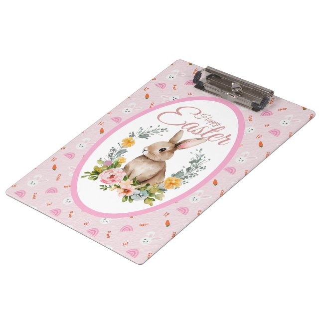 Cute Watercolor Bunny Floral Wreath Easter Clipboard (Angled)