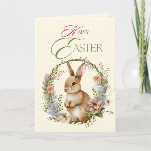 Cute Watercolor Bunny Floral Wreath Easter  Holiday Card