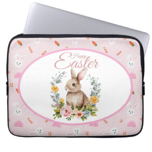 Cute Watercolor Bunny Floral Wreath Easter Laptop Sleeve