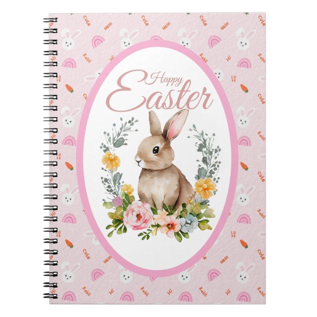 Cute Watercolor Bunny Floral Wreath Easter Notebook (Front)