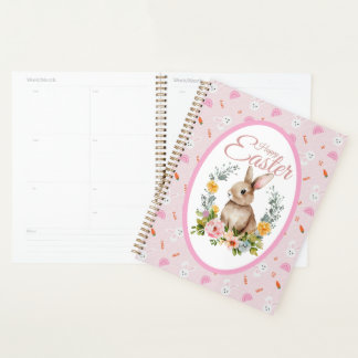 Cute Watercolor Bunny Floral Wreath Easter Planner