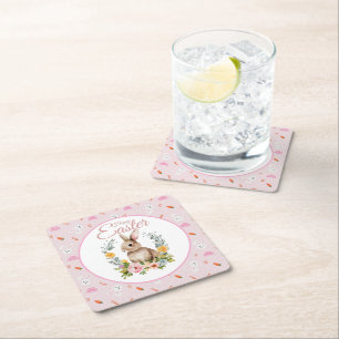 Cute Watercolor Bunny Floral Wreath Easter Square Paper Coaster