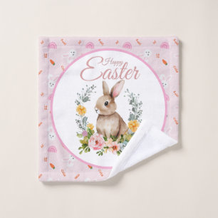 Cute Watercolor Bunny Floral Wreath Easter Wash Cloth