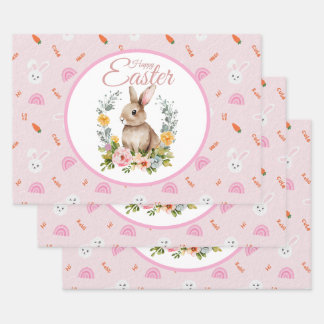 Cute Watercolor Bunny Floral Wreath Easter Wrapping Paper Sheet