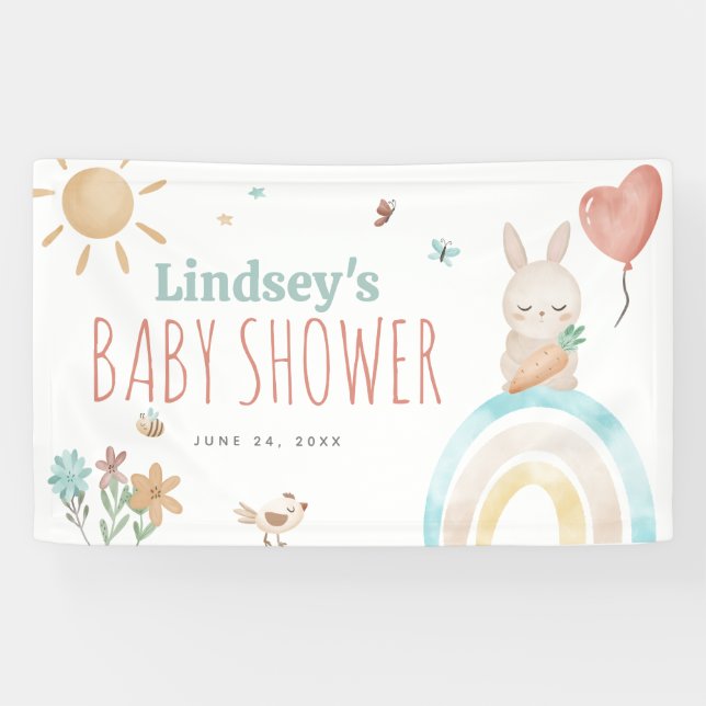 Cute Watercolor Bunny Gender Neutral Baby Shower Banner (Horizontal)