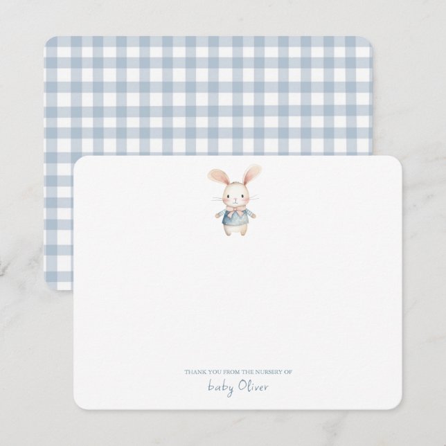 Cute Watercolor Bunny Gingham Flat Thank You Card (Front/Back)