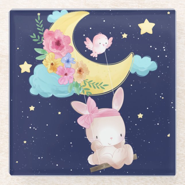 Cute Watercolor Bunny Glass Coaster (Front)