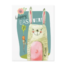 Cute watercolor bunny holding carrot Happy Easter