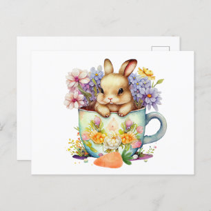Cute Watercolor Bunny in Flower Tea Cup  Postcard