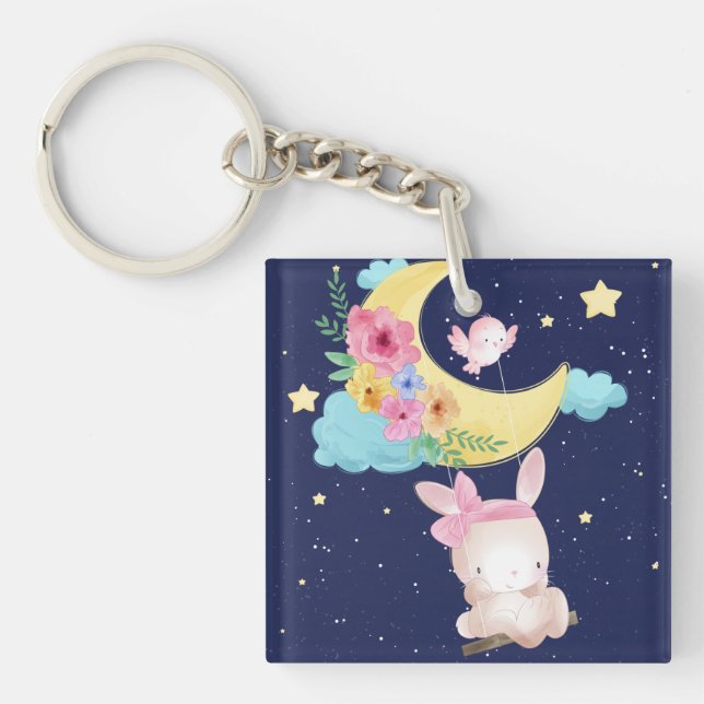 Cute Watercolor Bunny Key Ring (Front)