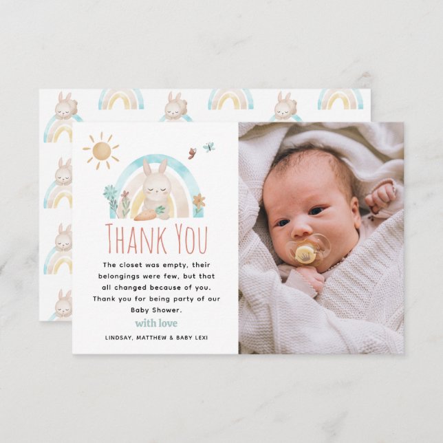 Cute Watercolor Bunny Photo Baby Shower Thank You Card (Front/Back)
