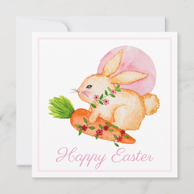 Cute Watercolor Bunny Pink Happy Easter Card (Front)