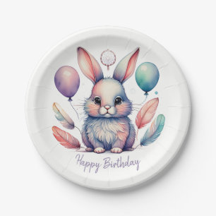 Cute Watercolor Bunny Rabbit Balloons Birthday  Paper Plate