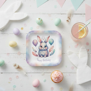 Cute Watercolor Bunny Rabbit Balloons Birthday  Paper Plate