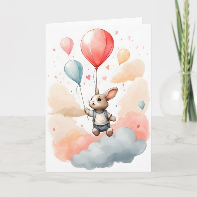 Cute Watercolor Bunny Rabbit Big Red Balloon Blank Card (Front)