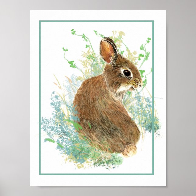 Cute Watercolor Bunny Rabbit Farm Animal Poster (Front)