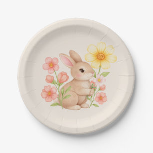 Cute Watercolor Bunny Rabbit Floral Paper Plate