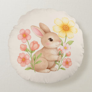 Cute Watercolor Bunny Rabbit Floral Round Cushion