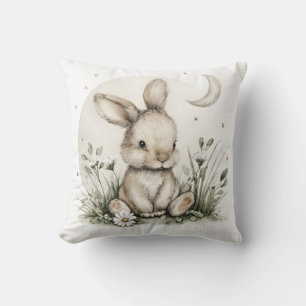 Cute Watercolor Bunny Rabbit with Moon and Stars Cushion