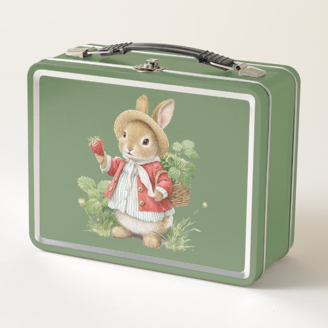 Cute Watercolor Bunny with Strawberries Metal Lunch Box (Front)