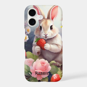 Cute Watercolor Bunny with Strawberry & Floral