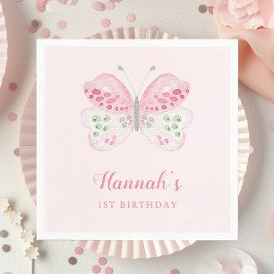 Cute Watercolor Butterfly 1st Birthday Party Pink Napkin