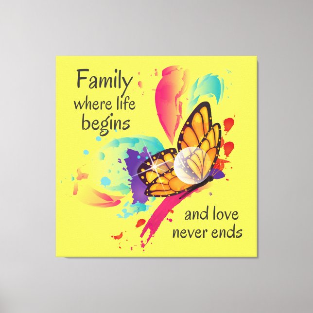 Cute Watercolor Butterfly Family Life Quote Canvas Print (Front)