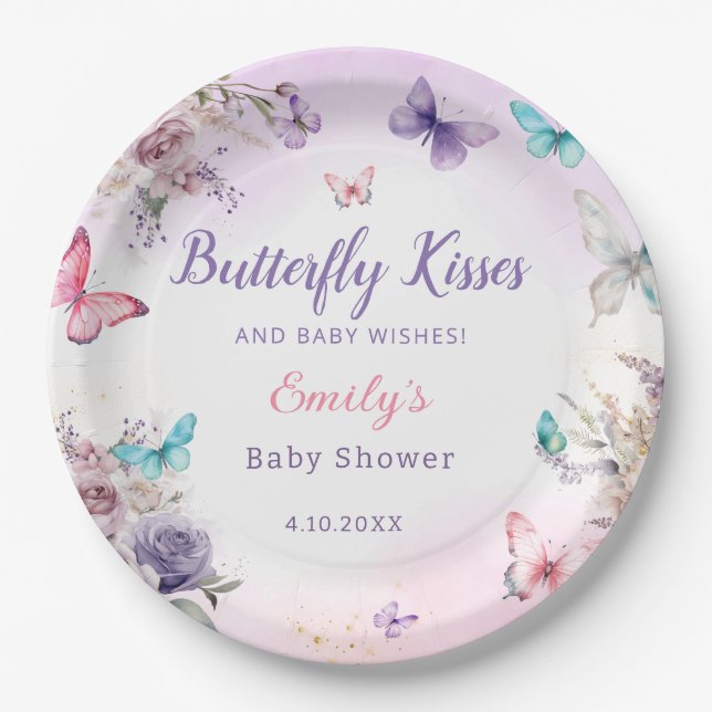 Cute Watercolor Butterfly girl pink baby shower  Paper Plate (Front)
