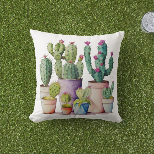 Cute watercolor cacti cactus succulents in pots cushion (Grass)