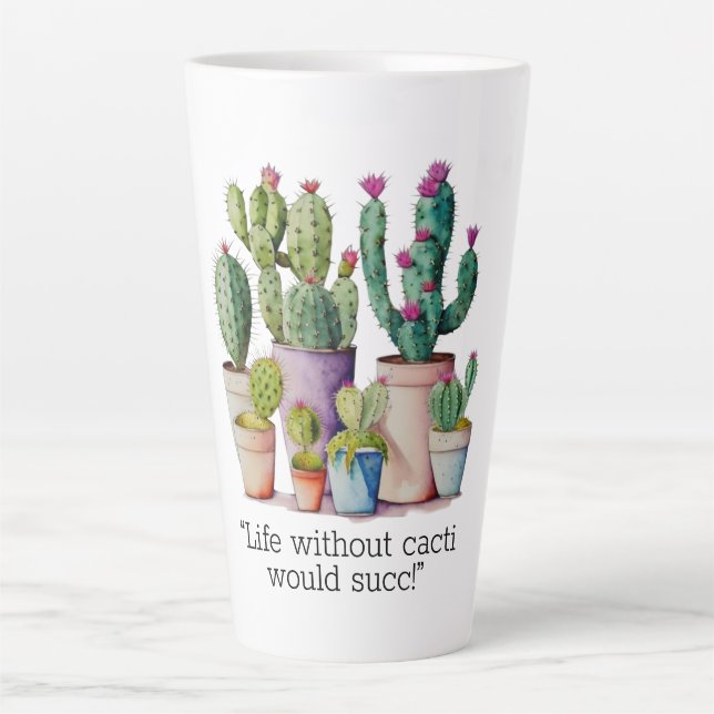 Cute watercolor cacti cactus succulents in pots latte mug (Front)