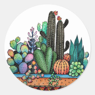 Cute Watercolor Cactus Garden In Pot Classic Round Sticker