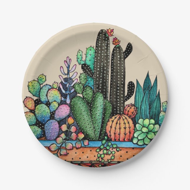 Cute Watercolor Cactus Garden In Pot Paper Plate (Front)