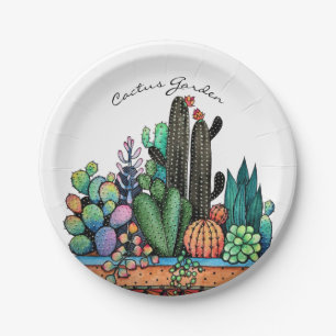 Cute Watercolor Cactus Garden In Pot Paper Plate