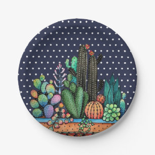 Cute Watercolor Cactus Garden In Pot Paper Plate