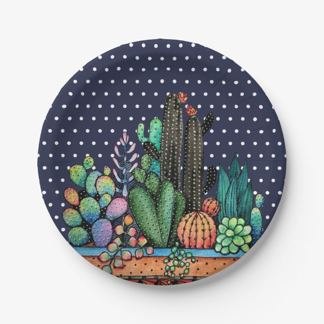 Cute Watercolor Cactus Garden In Pot Paper Plate (Front)