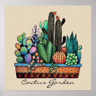 Cute Watercolor Cactus Garden In Pot Poster