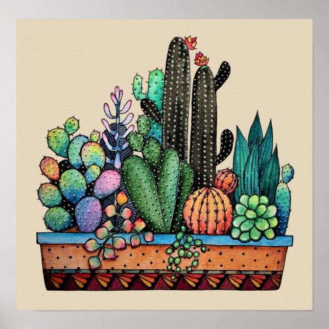 Cute Watercolor Cactus Garden In Pot Poster (Front)