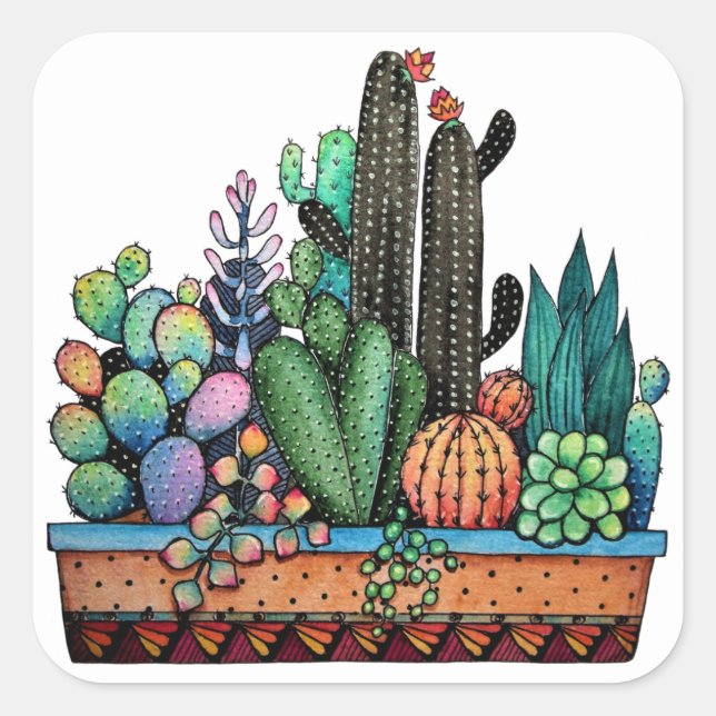 Cute Watercolor Cactus Garden In Pot Square Sticker (Front)