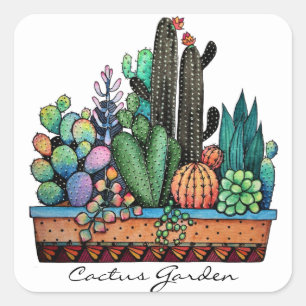 Cute Watercolor Cactus Garden In Pot Square Sticker