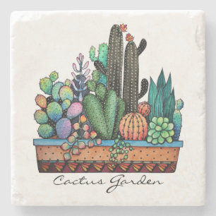 Cute Watercolor Cactus Garden In Pot Stone Coaster