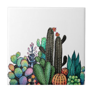 Cute Watercolor Cactus Garden In Pot Tile