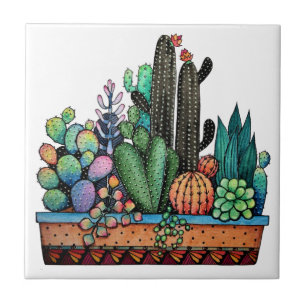 Cute Watercolor Cactus Garden In Pot Tile