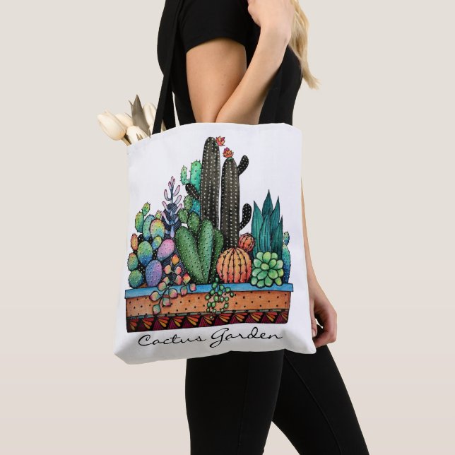 Cute Watercolor Cactus Garden In Pot Tote Bag (Close Up)