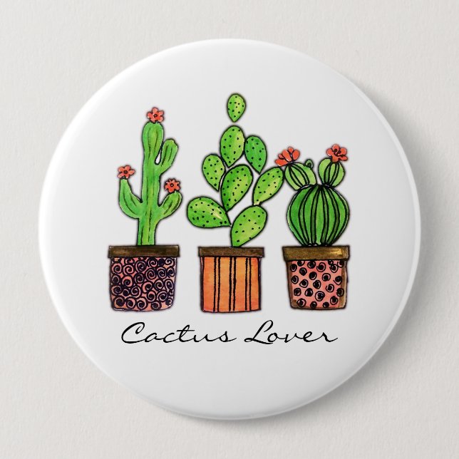 Cute Watercolor Cactus In Pots 10 Cm Round Badge (Front)