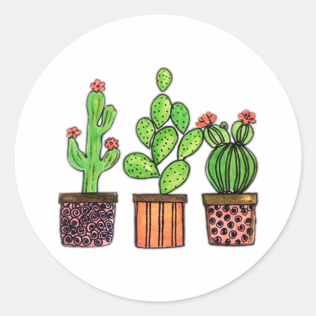Cute Watercolor Cactus In Pots Classic Round Sticker (Front)
