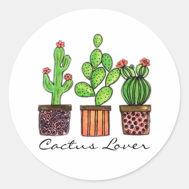 Cute Watercolor Cactus In Pots Classic Round Sticker (Front)