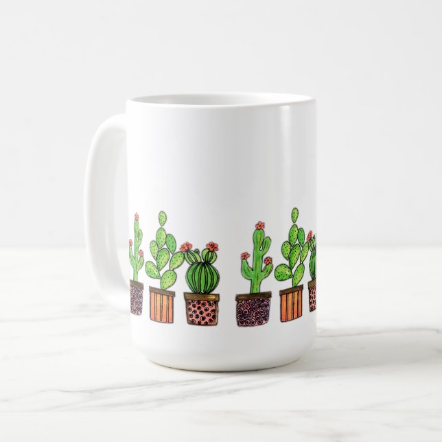 Cute Watercolor Cactus In Pots Coffee Mug (Front Left)